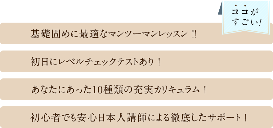 ココがすごい! 基礎固めに最適なマンツーマンレッスン ！ 初日にレベルチェックテストあり！ あなたにあった10種類の充実カリキュラム！ 初心者でも安心日本人講師による徹底したサポート！